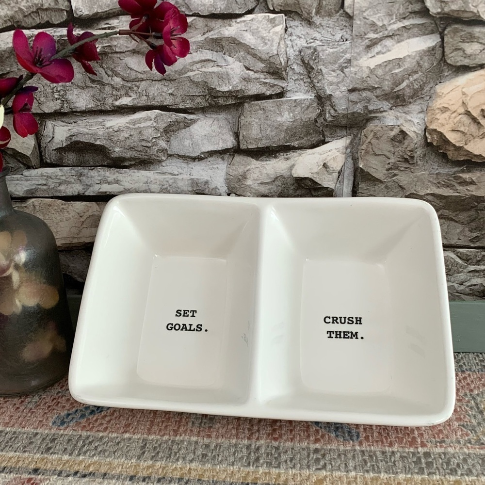 #16 Rae Dunn Set Goals Crush Them Jewelry Trinket Tray Bowl Ceramic Dish Magenta